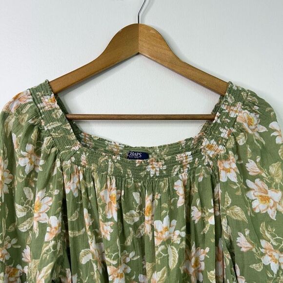 Chaps Ralph Lauren 1X Green Floral Peasant Boho Cottagecore 100% Cotton Top - Picture 2 of 9